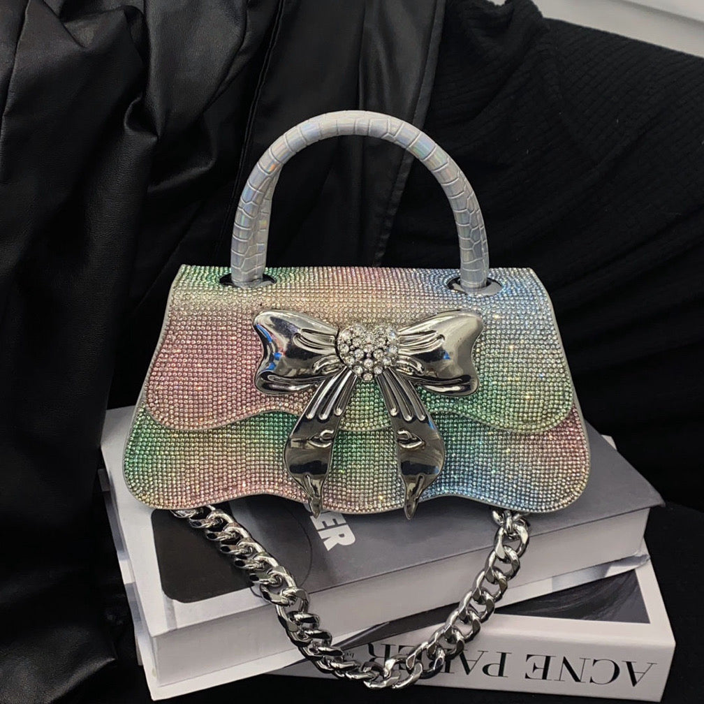 Luxury bow Crystal Shiny Rhinestone Diamond Square Bag Women's Handbag Evening Bag Wedding Party Clutch Purse Messenger Bag
