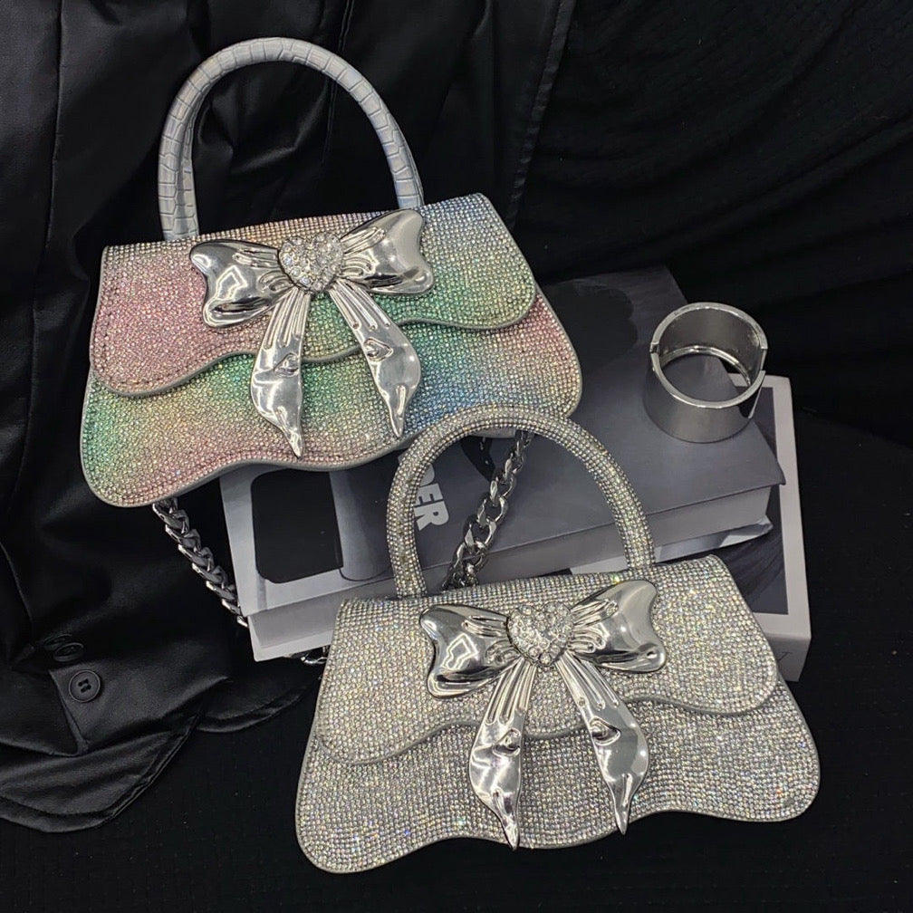 Luxury bow Crystal Shiny Rhinestone Diamond Square Bag Women's Handbag Evening Bag Wedding Party Clutch Purse Messenger Bag