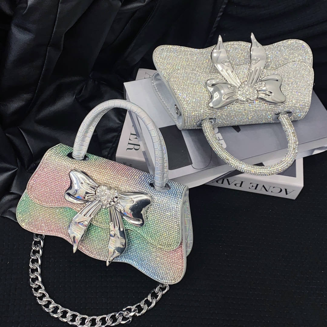 Luxury bow Crystal Shiny Rhinestone Diamond Square Bag Women's Handbag Evening Bag Wedding Party Clutch Purse Messenger Bag