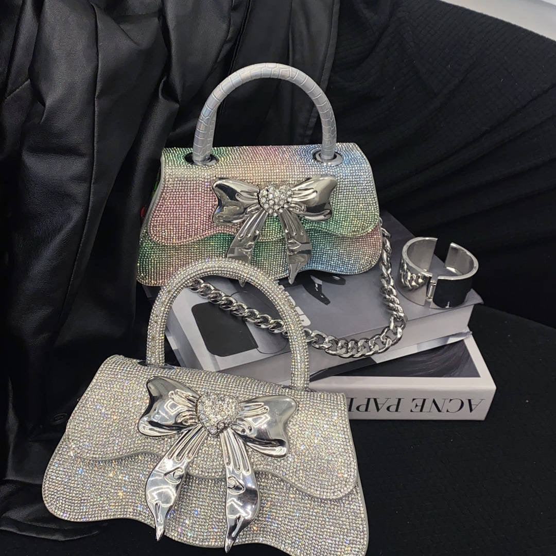 Luxury bow Crystal Shiny Rhinestone Diamond Square Bag Women's Handbag Evening Bag Wedding Party Clutch Purse Messenger Bag