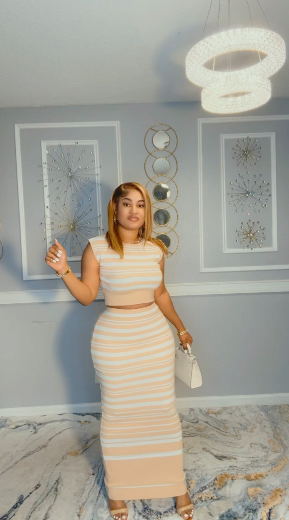 Beige striped skirt set
