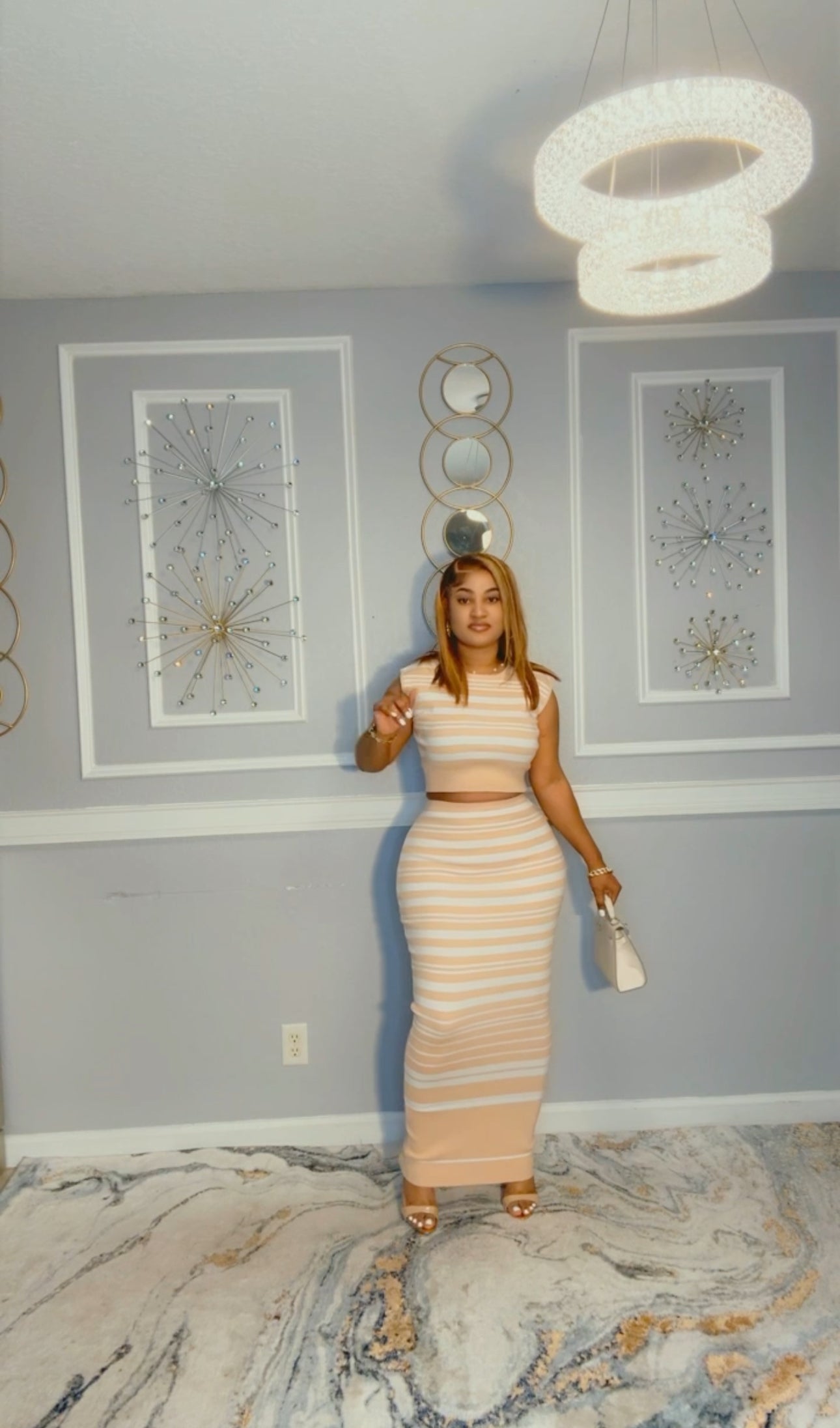 Beige striped skirt set