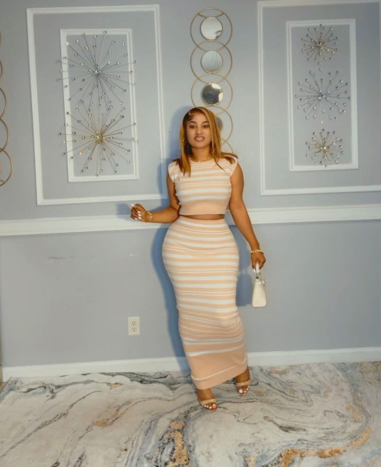 Beige striped skirt set