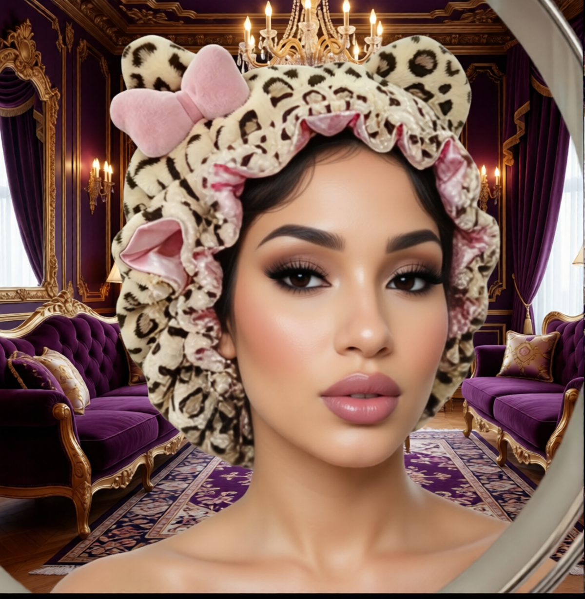 Model wearing leopard bonnet with red bow