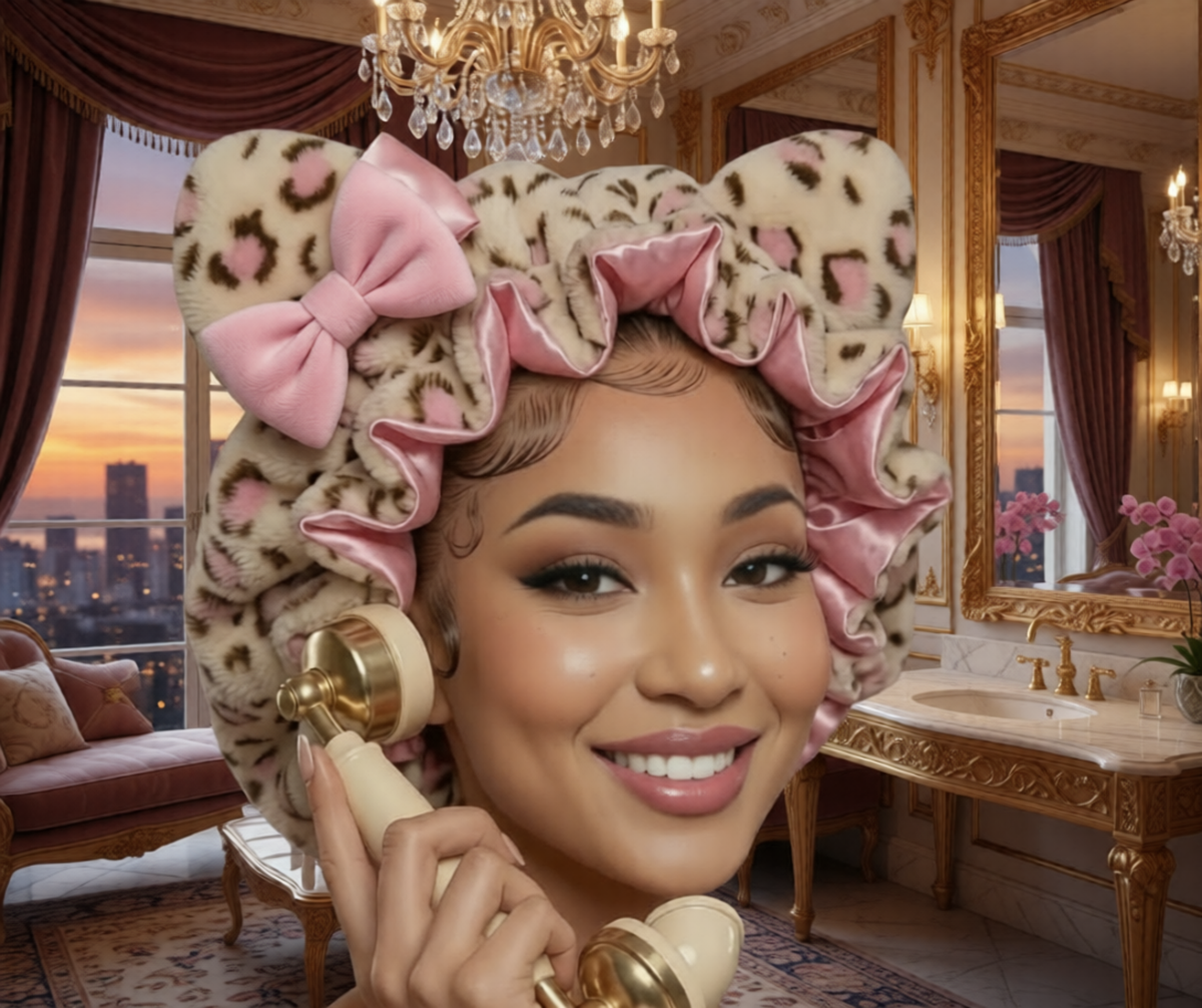 Model wearing leopard bonnet applying lip gloss