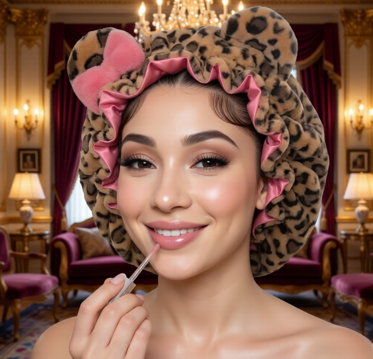 Model wearing leopard bonnet close up
